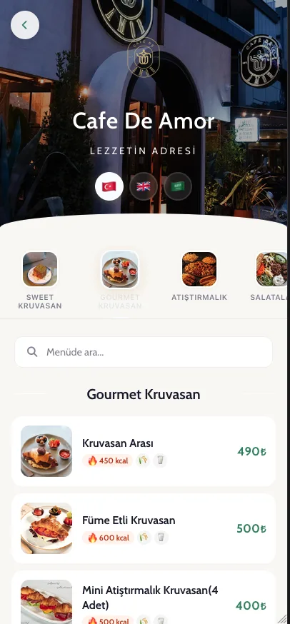 QR menü listesinde kategoriler, arama ve ürün kartları
